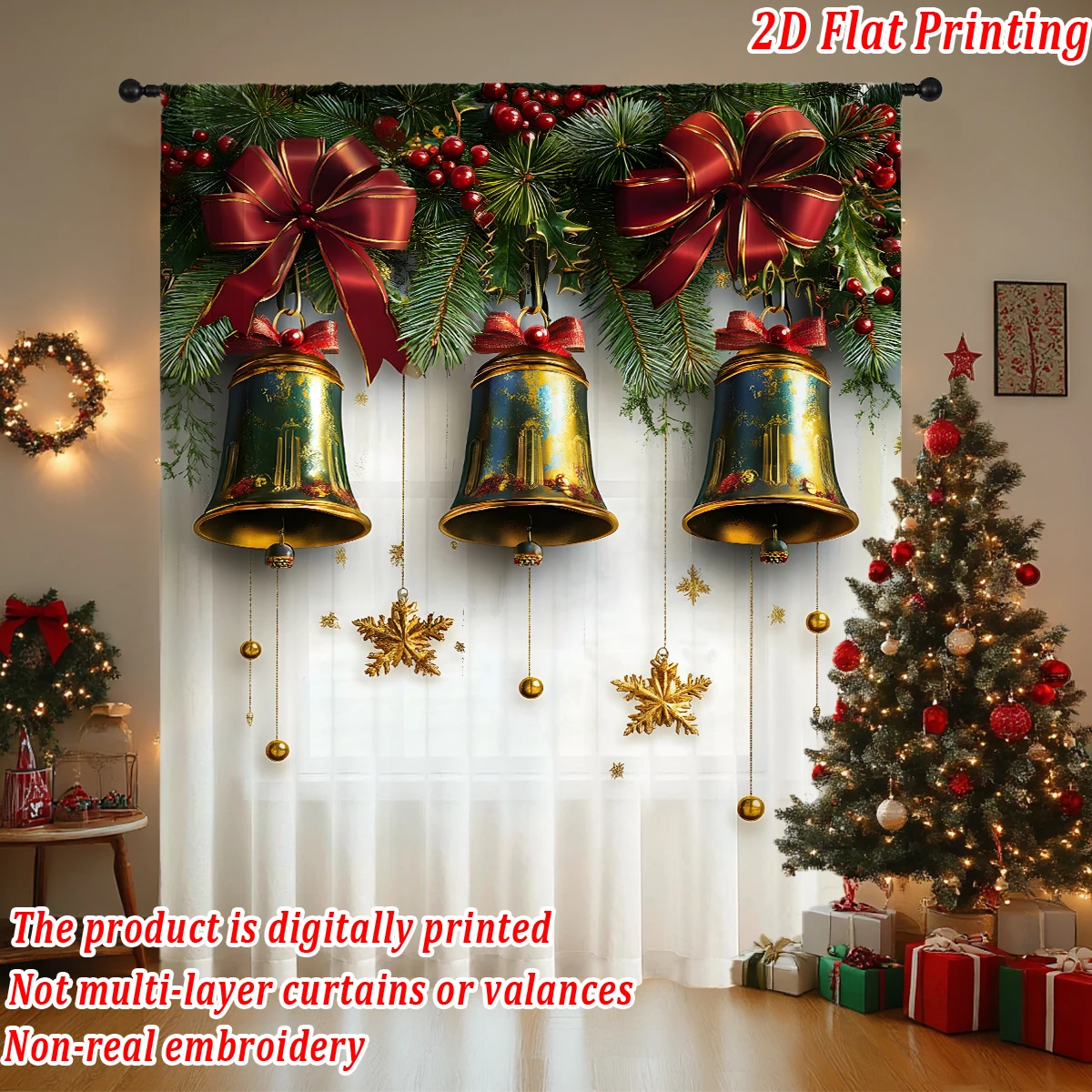 

Christmas Flat Printing Sheer Curtain with Christmas bells, butterfly ribbons，for Living Room Bedroom Door Windows Decor Party