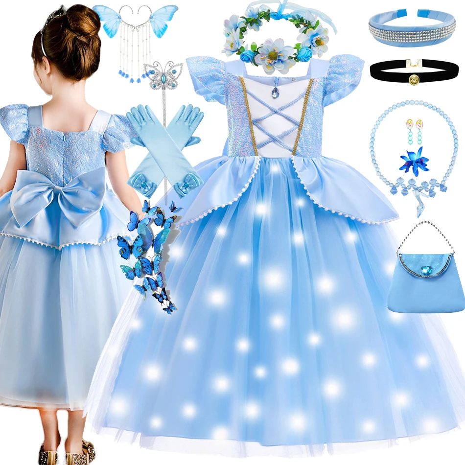 Robe de princesse Cendrillon avec lumière LED pour enfants, vêtements de cosplay pour fille, costume d'Halloween et de carnaval, robe d'anniversaire et de mariage pour enfants