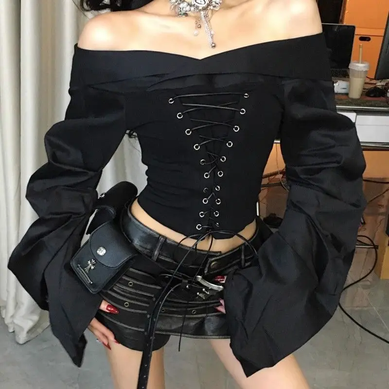 

Deeptown Black Lace Up Women Cropped Shirt Sexy Aesthetic Off Shoulder Long Sleeve American Retro Zipper Blouses Slim Gyaru Chic