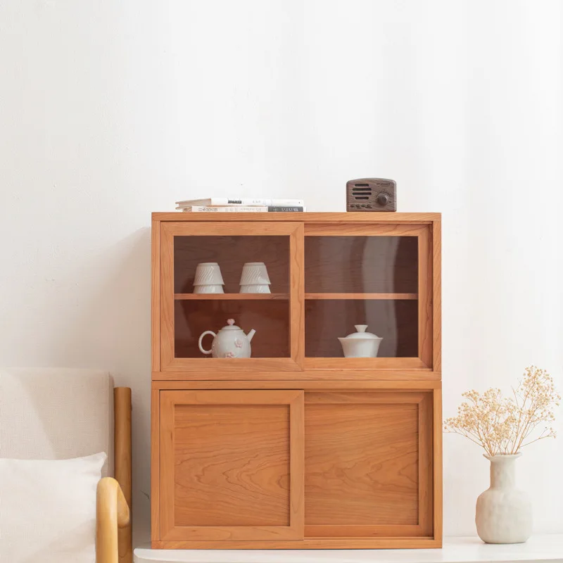 Cherry wood solid wood sliding door storage cabinet Japanese dovetail tenon and mortise decorative cabinet Double-layer storage