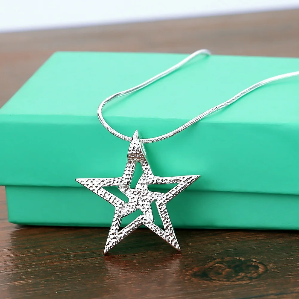 

100% 925 Sterling Silver Star pentagram Pendant Necklace Suitable for Woman Man Simple Snake Chain 18 Inch Fine Jewelry Gift