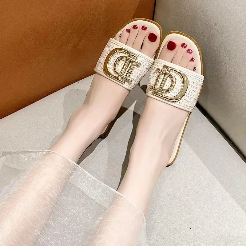 Women Luxury Decor Weave Design Flat Sandals Fashion Open-toe Vacation Casual Slides Party Sexy Elegant Office-Ladies New Shoes