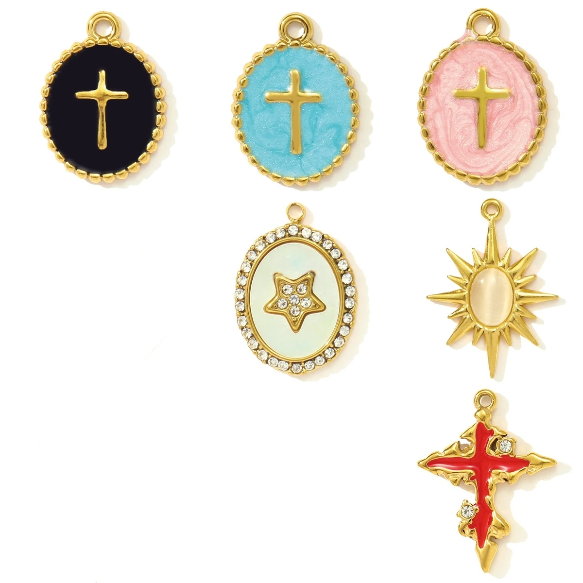 3Pcs/Lot Stainless Steel Enamel Pendants Sun Star CrossCharms For DIY Fashion Jewelry Making Earring Accessory Wholesale