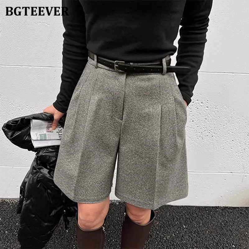 BGTEEVER Casual High Waist Pockets Female Wide Leg Woolen Shorts Autumn Winter Thicke Warm Loose Women Shorts