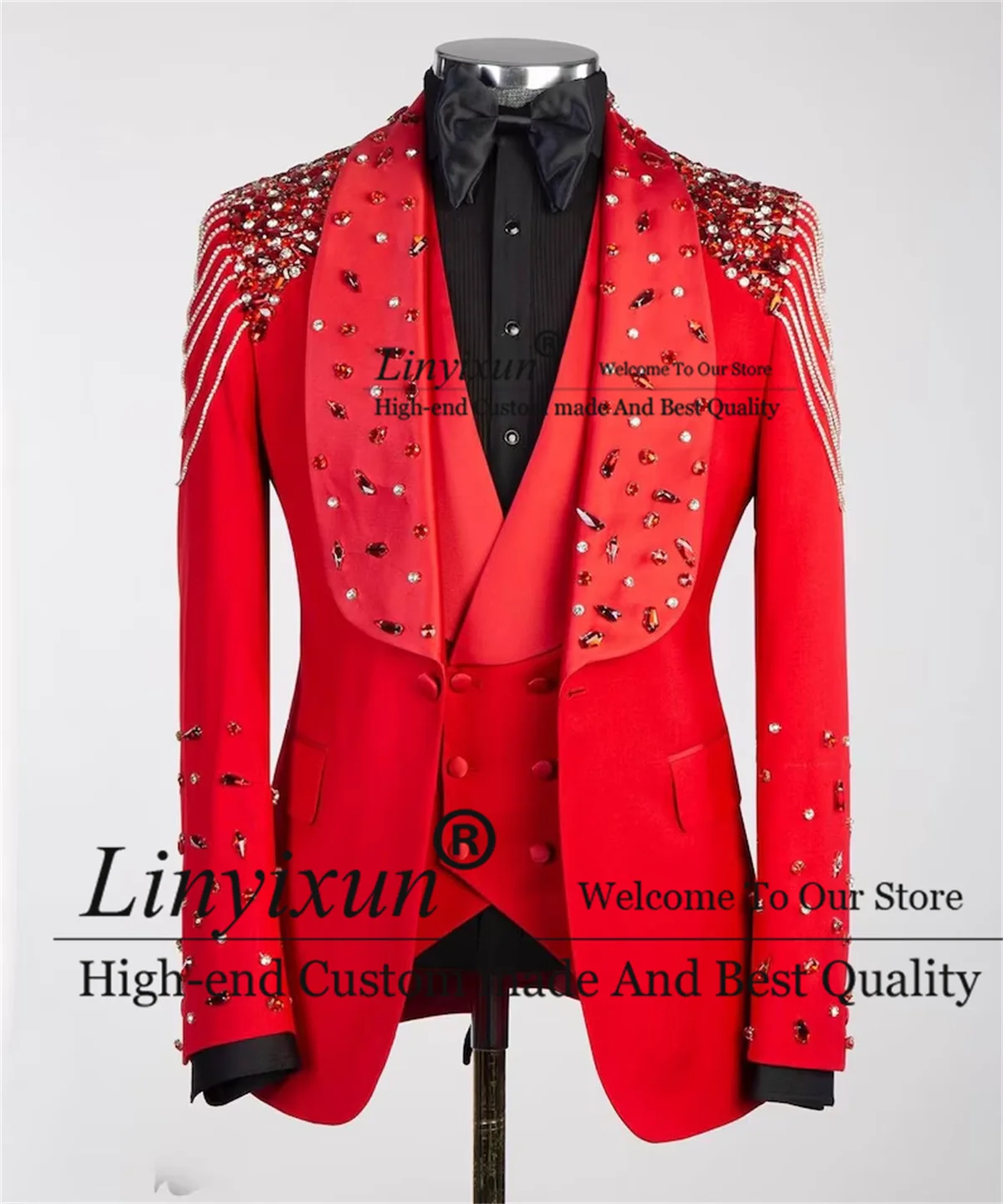 Feito à mão jóias ornamento smoking masculino luxo noivo ternos de casamento 3 peças define masculino baile de formatura festa blazers fino ajuste traje homme