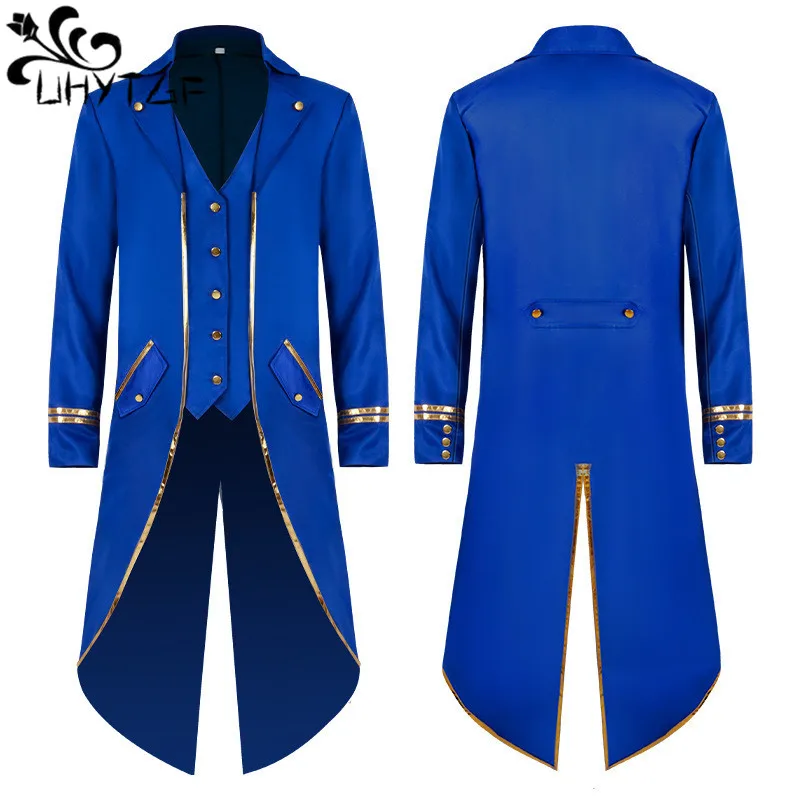 

Оригинальный Европейский стиль, мужской смокинг на Хэллоуин, пальто в средневековом стиле и стиле панк, Мужское пальто в стиле Пномпень с золотистой отделкой