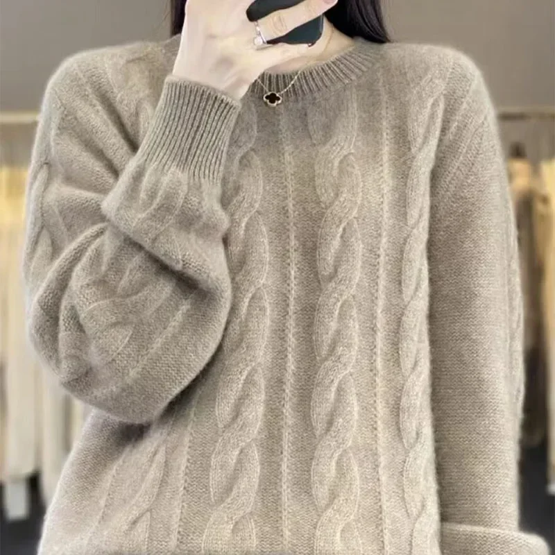 Fall/Winter Women\'s Sweater Pure Wool Round Neck Solid Color Loose Knitted Cashmere New Pullover Winter Clothes Women 2024