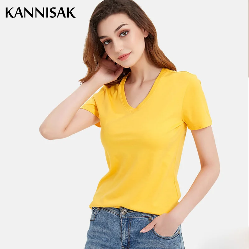 Summer Tops Womens T-shirts V-neck Solid 100% Cotton Yellow Female Tees Top Short Sleeve Casual Ladies T Shirt 2022 Tops Tshirt