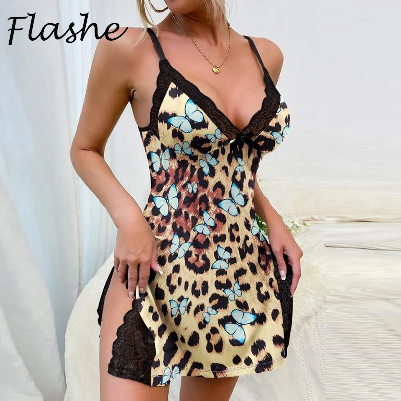 

Sexy Sleeveless Deep V Neck Women Mini Dress Women Leopard Printed Split Up Sleep Night Dresses For Women Loungewear