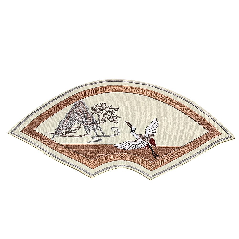 Retro Chinese Crane Embroidery Fan-Shaped Patch Stickers Spirit Mountain Crane Large Size Applique Tapestry Decoration Scenery