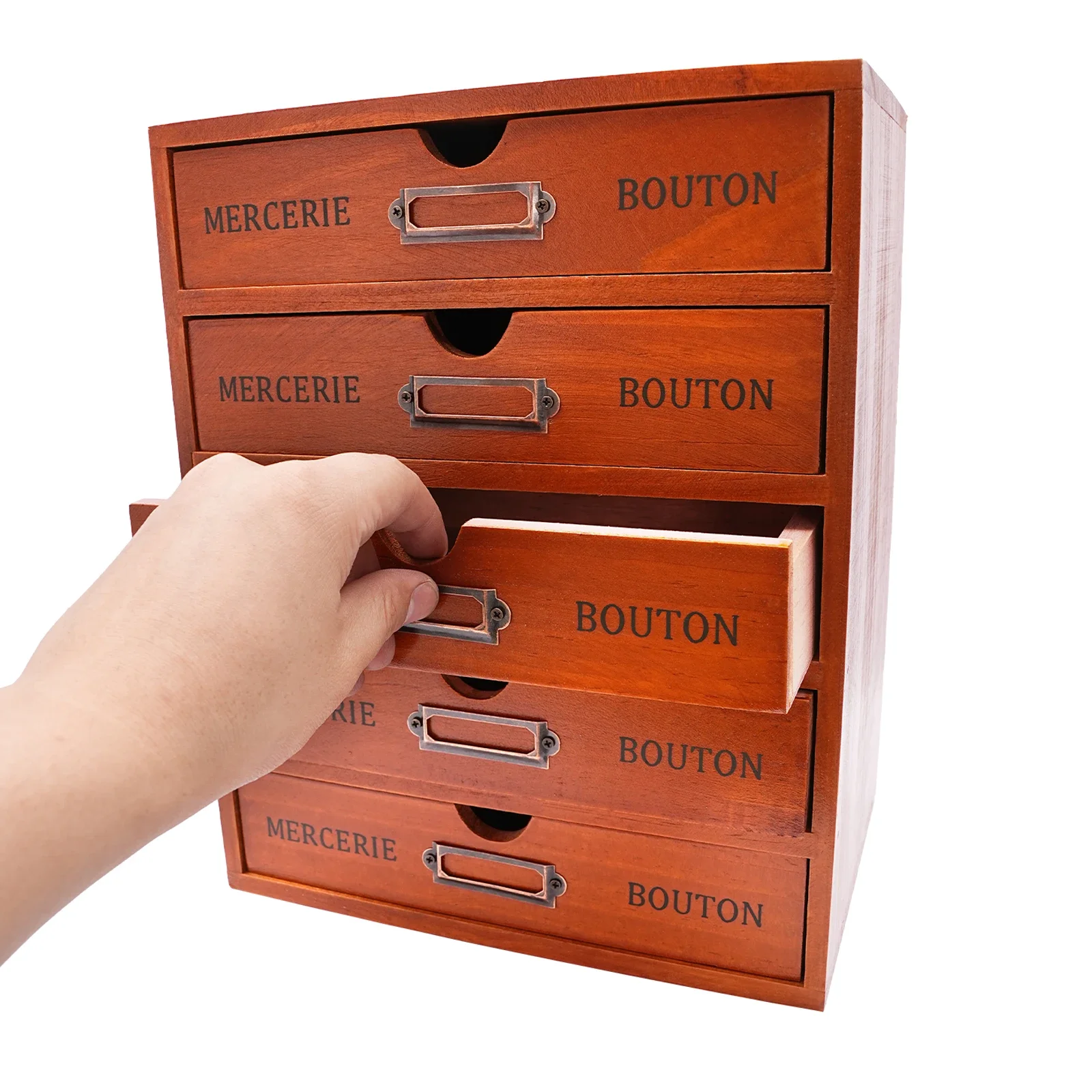 빈티지 나무 책상 정리함 (5단 서랍), 쌓을 수 있는 도서관 카드 카탈로그 약국 캐비닛 (라벨 슬롯 포함, 가정 및 사무실용)