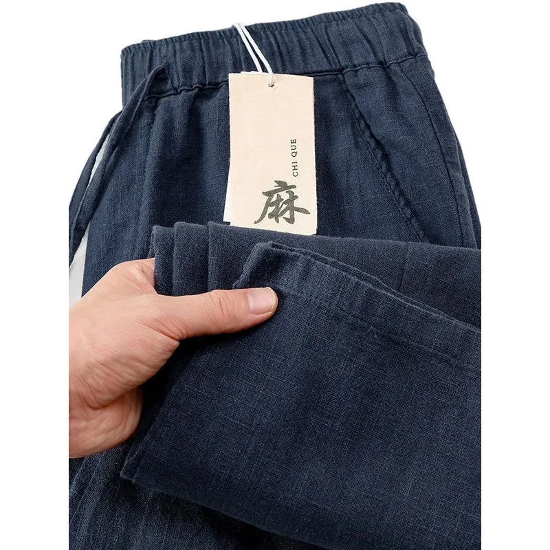 Casual Cotton Linen Men's Loose Straight Leg Summer Thin Elastic Waist Blue Linen Lightweight Breathable Fashion City Pants