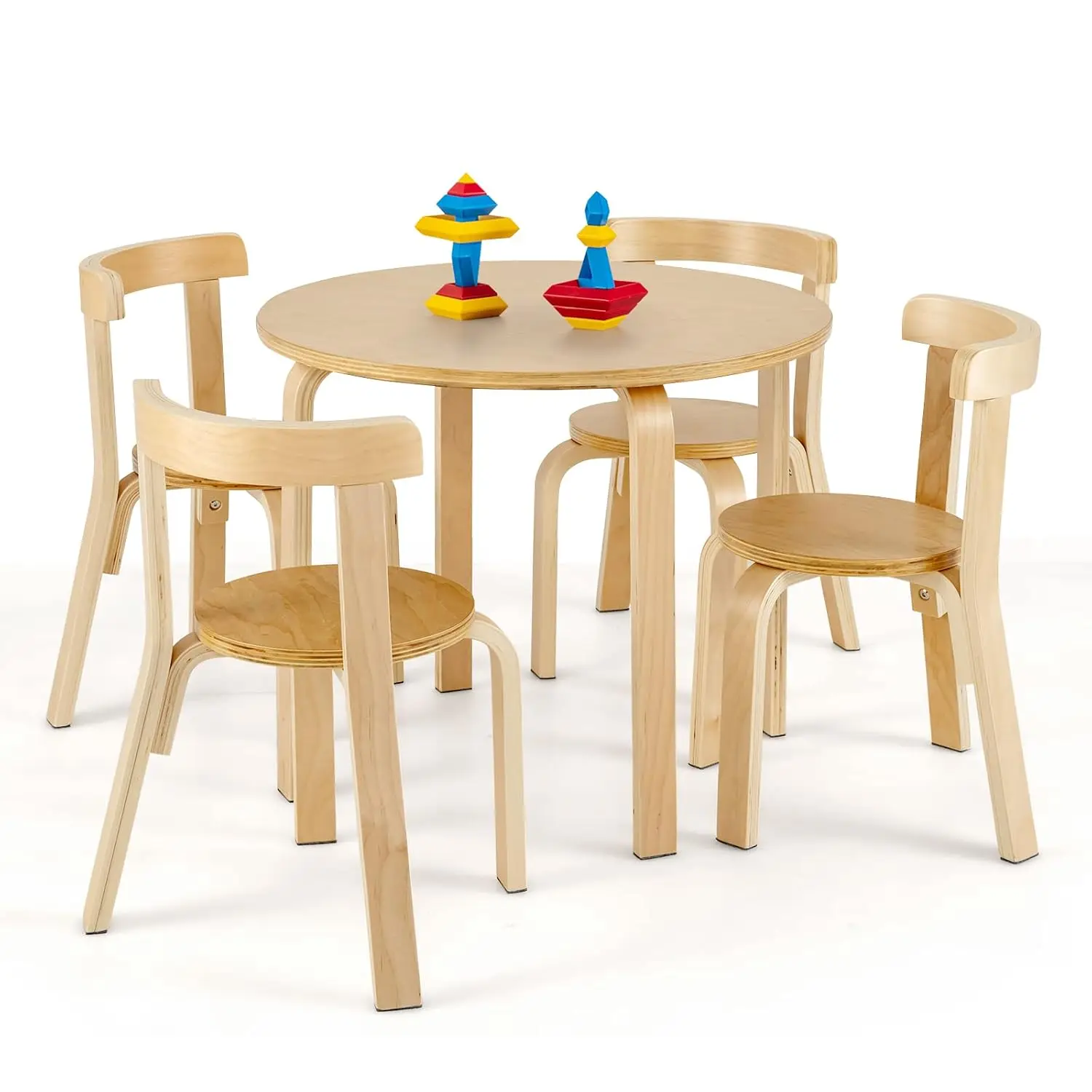 Kids Table & Chair Set, 5-Piece Wooden Round Toddler Desk w/Toy Bricks for Play Drawing, Classroom Furniture, Customized