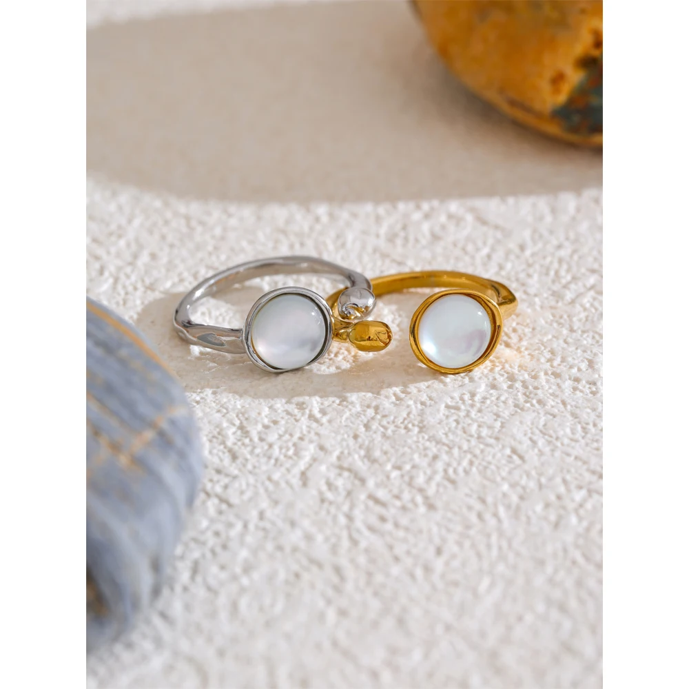 Yhpup Fashion Stainless Steel Natural Shell Fritillary Geometric Ring 18K PVD Plated New Arrivals Jewelry Bagues Pour Femme Gift