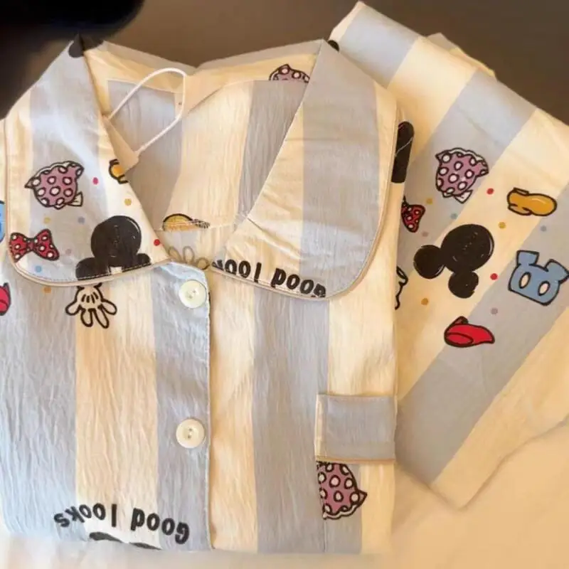 

New Mickey Striped Pajamas Set Autumn Winter Long Sleeve Women's Pajamas Set Cute Sweet Homewear Sleepwear Lapel Neck