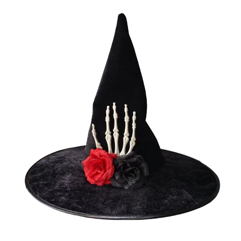 Trend Pointed Witch Hat Party Cosplay Wizard Hat with Skull Hand Rose Applique