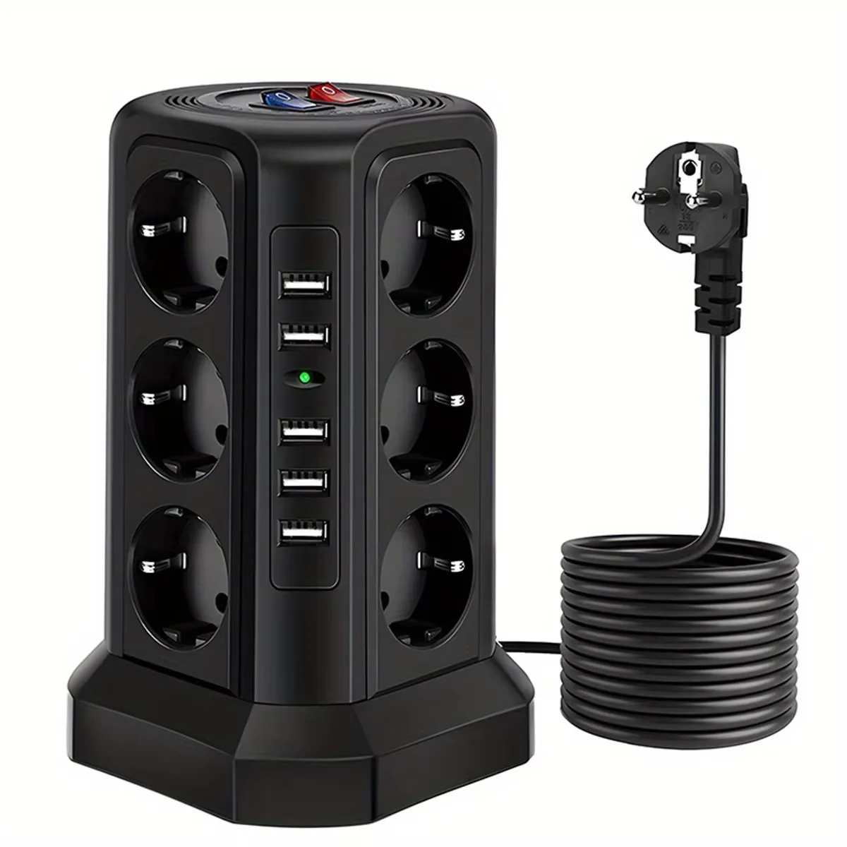 Multifunctional 3-Tier EU Tower Power Strip with 12 Outlets, USB Ports, and Surge Protection