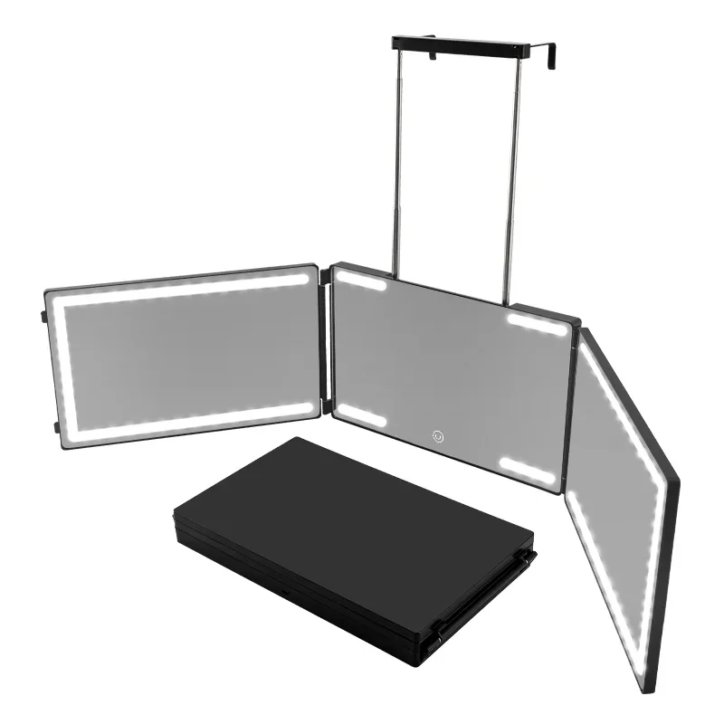 3 Way Hair Cutting Mirror with Ring LED Light 360° Trifold Vanity Mirror Door Hanging for Makeup Hair Styling Home