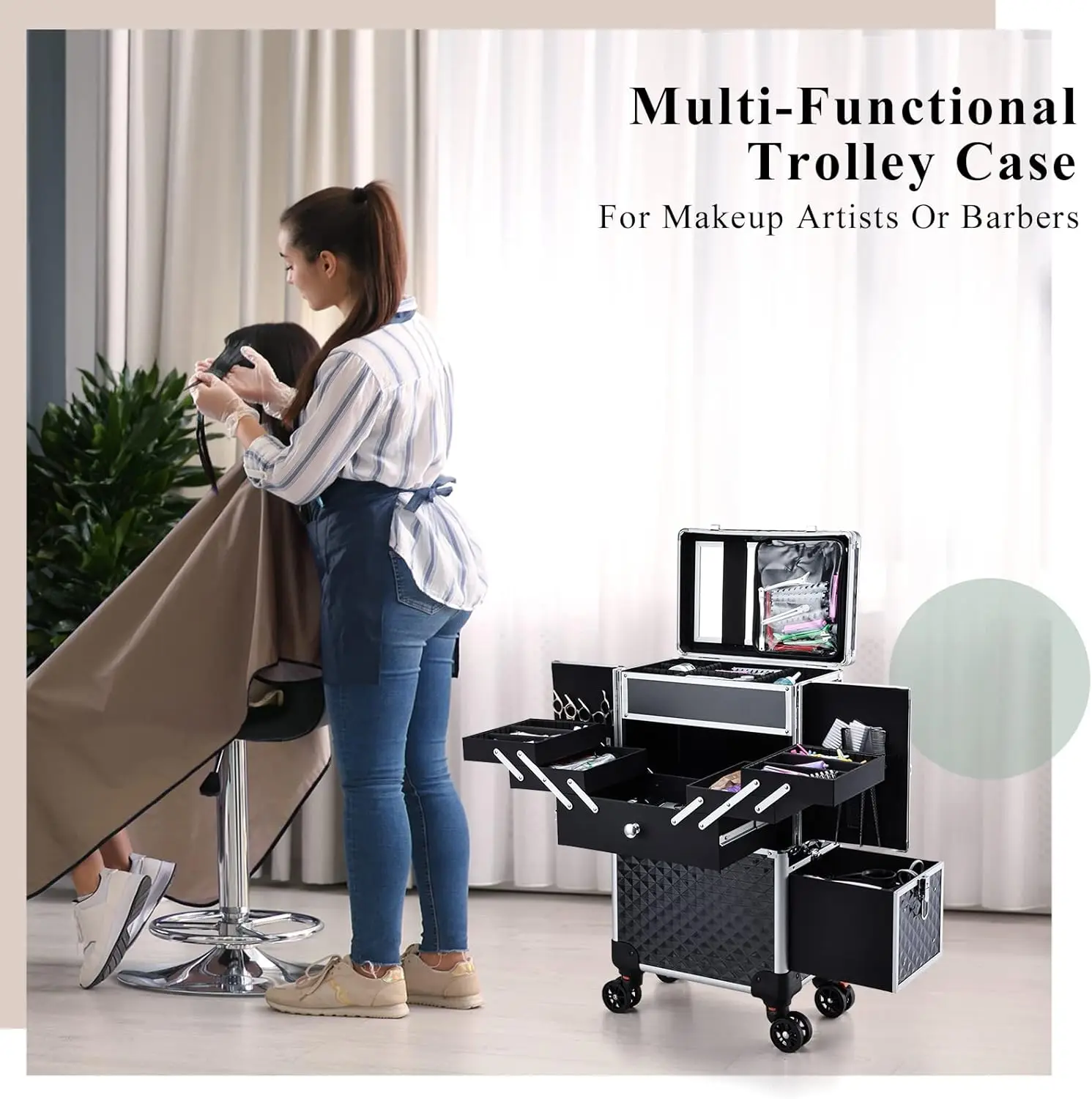 Professional Makeup Artist Rolling Train Case Multi-functional Cosmetic Train Case Large Trolley Storage Case (Black)