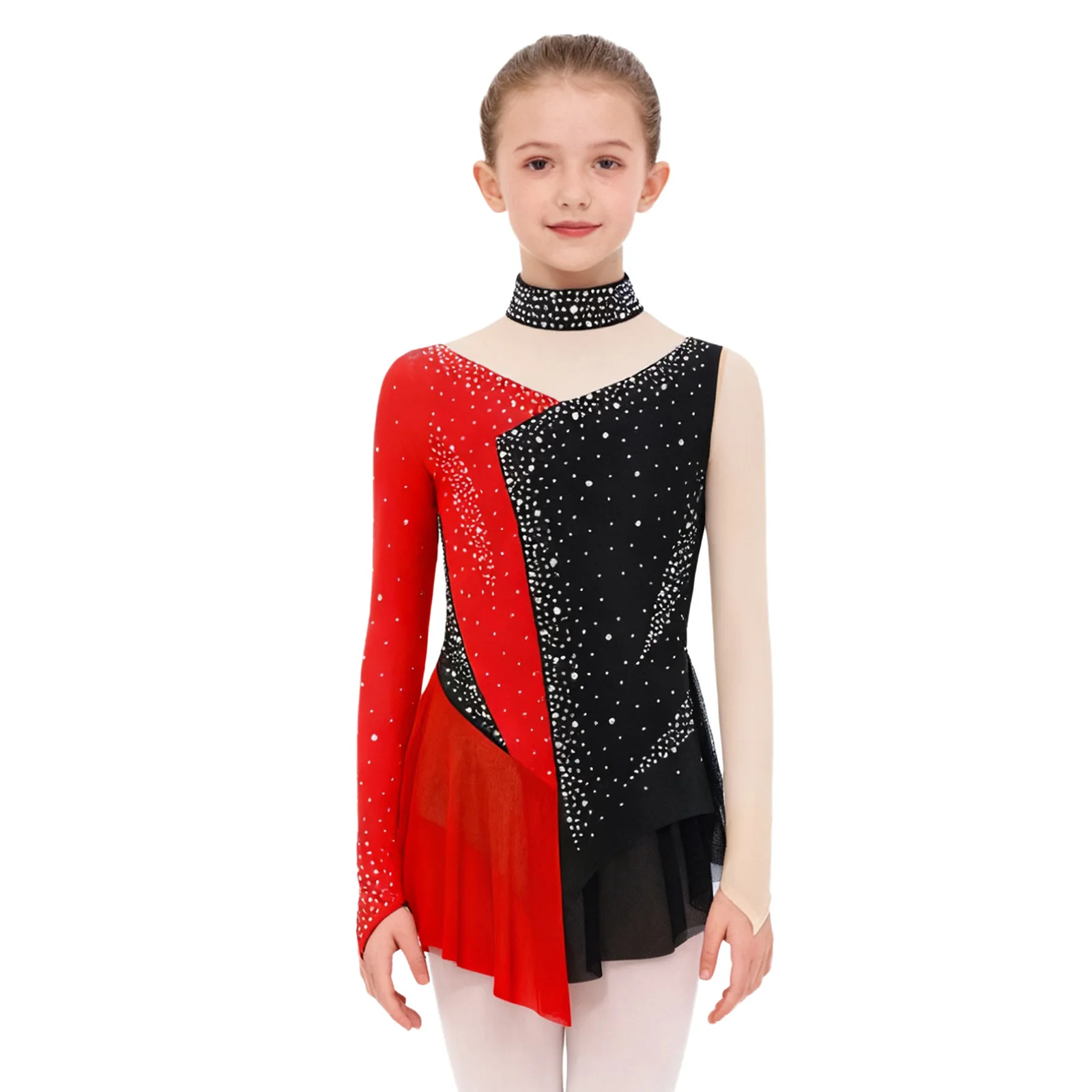 

Kids Girls Rhythmic Gymnastics Figure Skating Dress Sparkly Rhinestone Sheer Mesh Patchwork Long Sleeve Dance Leotard Bodysuit