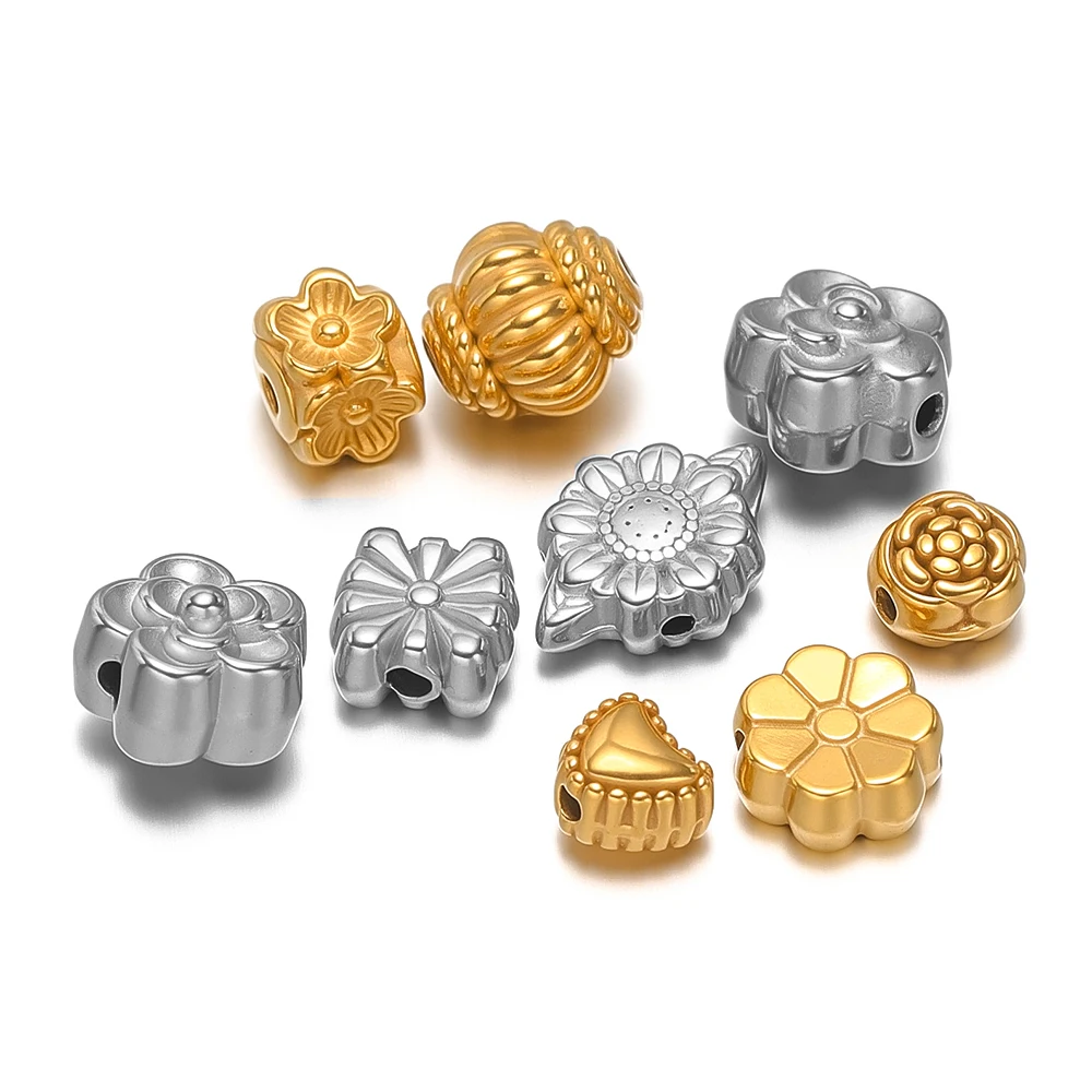 10Pcs Gold Stainless Steel Heart Beads Spacer Flower Bead for DIY Jewelry Accessories Supplies Bracelet Findings Necklace Making