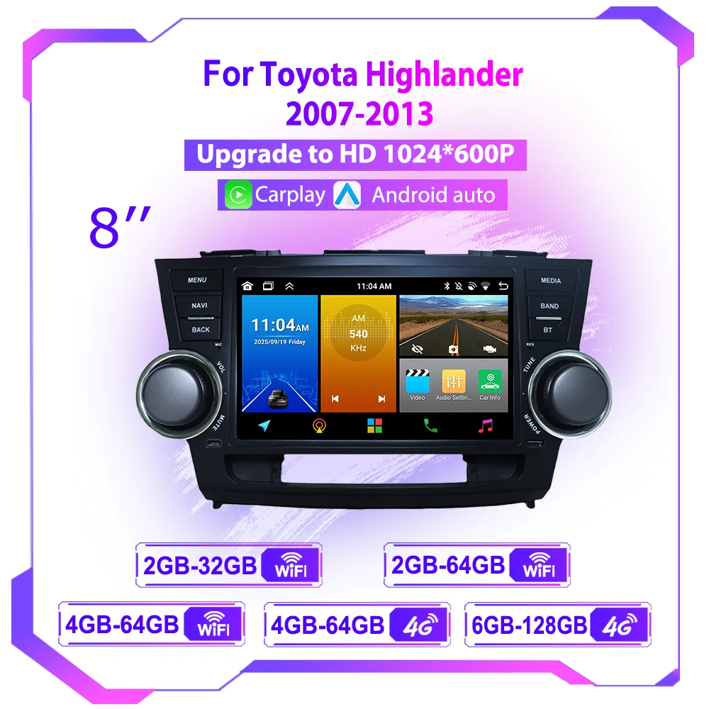 Car Radio For Toyota Highlander 2 XU40 2007-2013 Multimedia Video Player GPS Navigation Carplay Auto Stereo Android 13 2din DVD