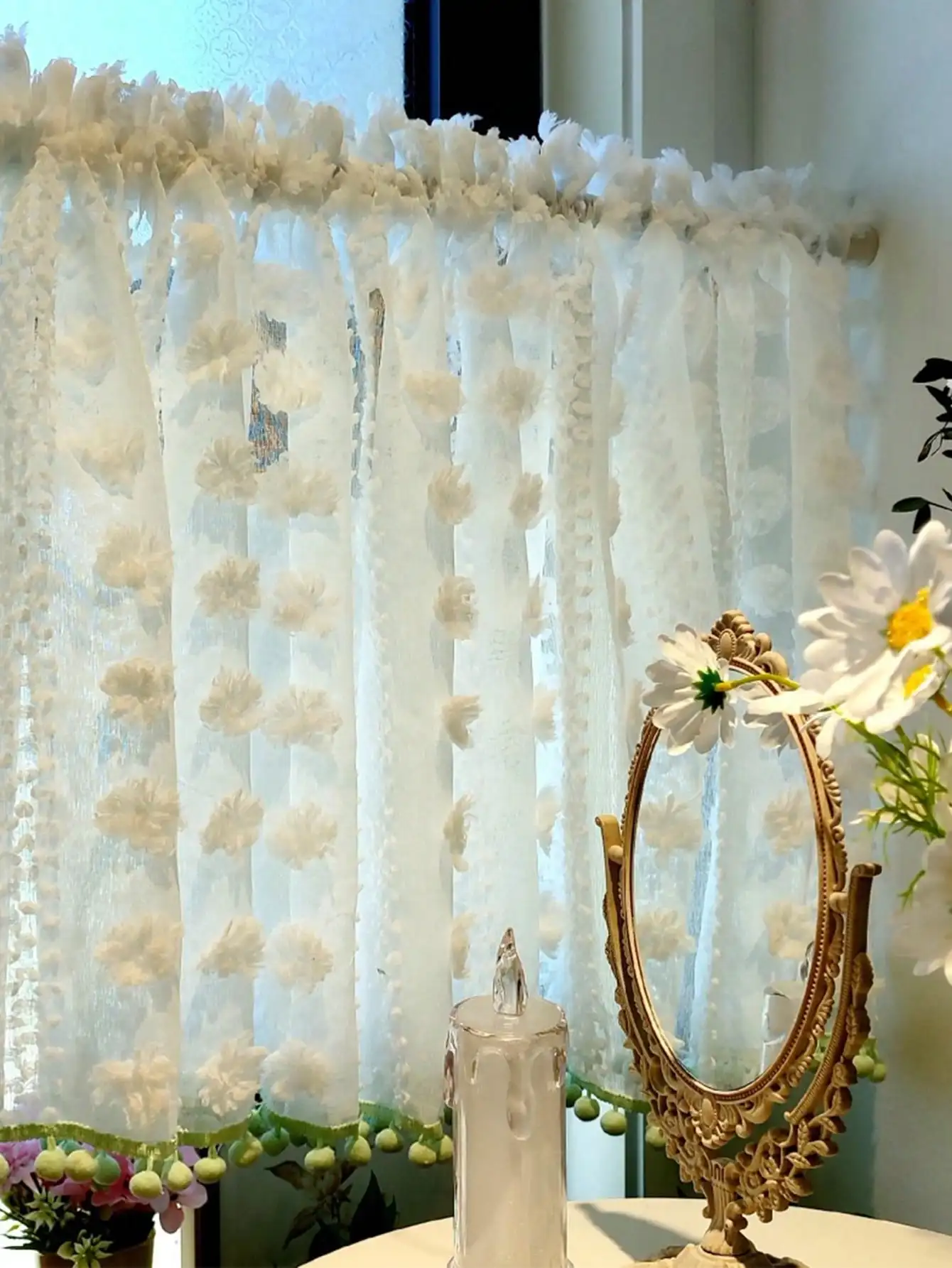 1Pc American Luxury French Style Kitchen Window Curtain with Ball Frill Edge Elegant Home Decorative Item