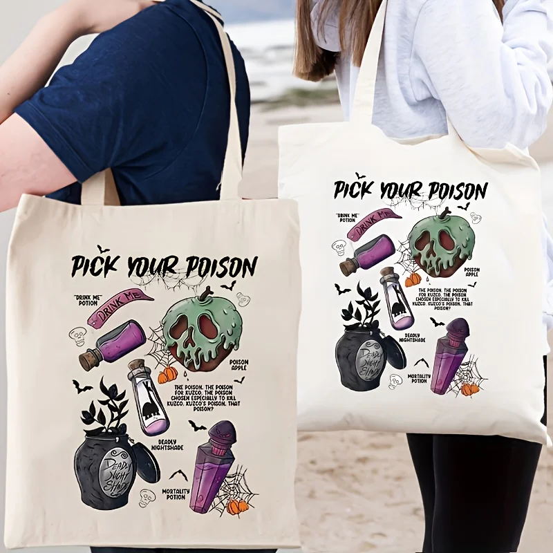 Pick Your Poison Pattern Tote Bag, Funny Halloween Canvas Gift Bag, Portable Shoulder Bag For Shopping