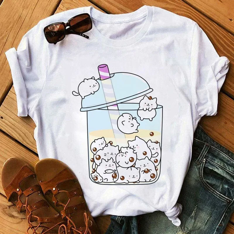 Adult and Children's Cosmic Cat / Puppy Full Cup Bubble Tea Printed Pure Cotton Versatile T-Shirt