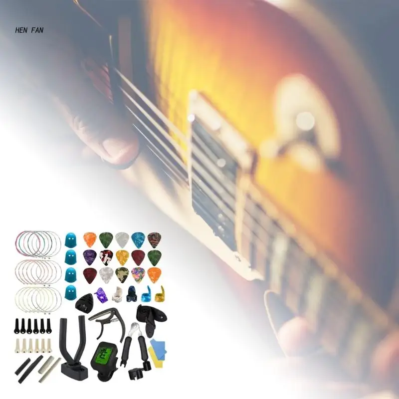 M89D Guitar Accessories Guitar Tools Set with Guitar Strings, Bridge Pins, Tuner, Capo, Picks, Fingertip Protectors