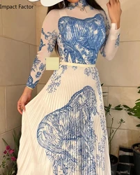 2024 Spring Summer Autumn Fashion Flower Retro Print Half High Collar Long Sleeve Midi Dress Elegant Women's Clothing