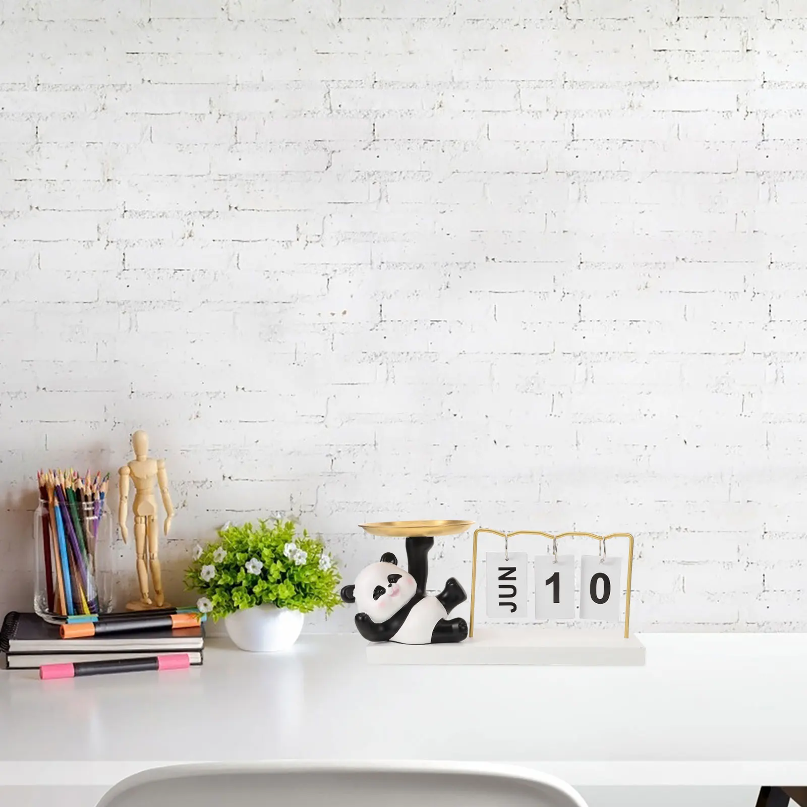 

Creative Panda Calendar Wooden Desk Decor Storage Tray for Jewelry Display Home Accessories Miniature Model Panda Date Display