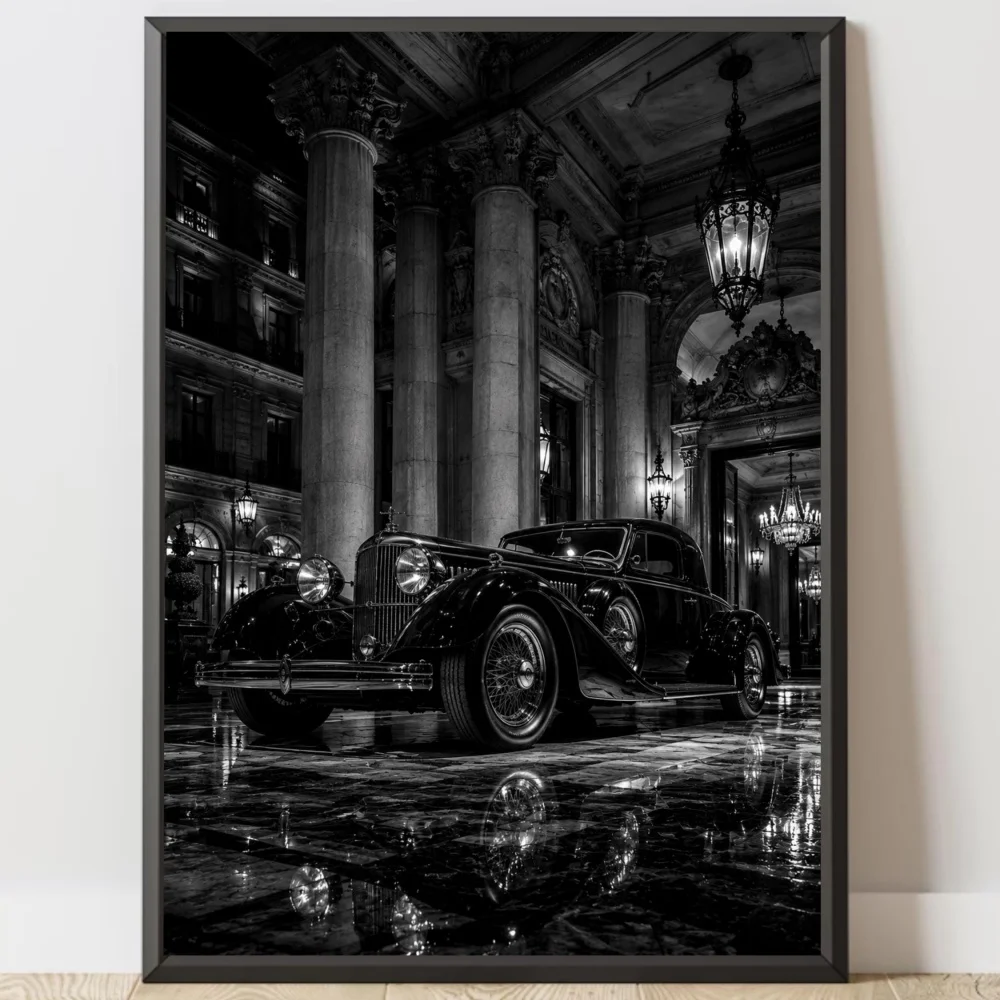 Black and White Retro Classic Cars Swimming Pool Realism Bikini Canvas Painting Wall Art Poster Picture Home Decor Mural Cuadros