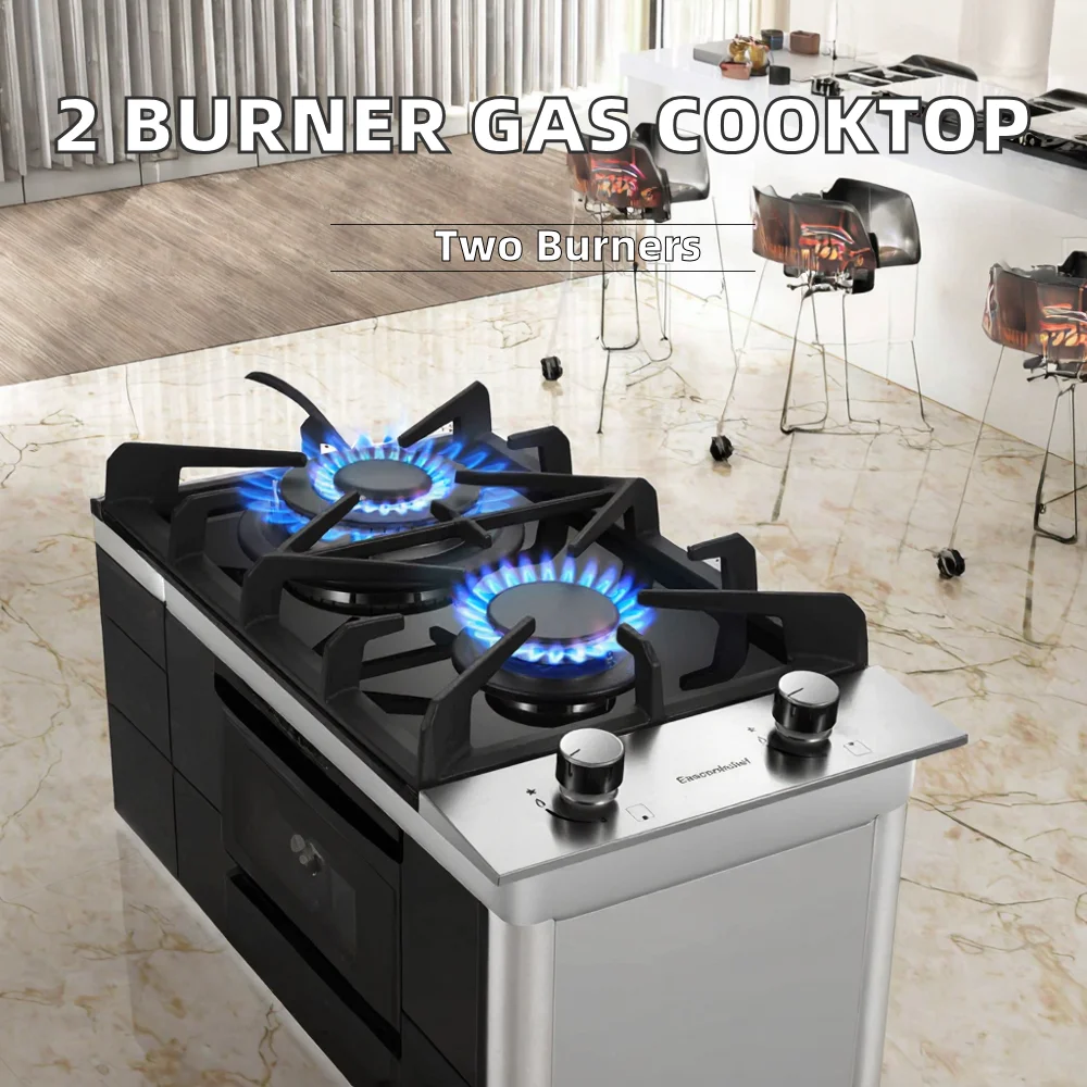 2 Burner Electric Propane Gas Cooktop 12 Inch LPG/NG Dual Fuel Built-in RV Gas Stove Stainless Steel Surface Electric Ignition