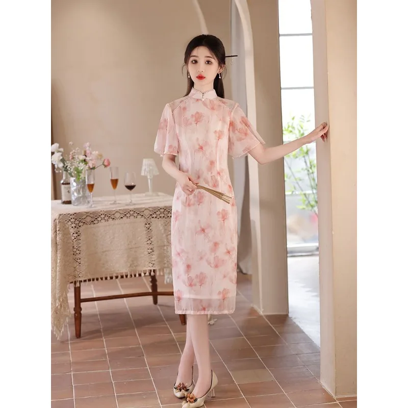 

Sweet Pink Stand Collar Pearl Decorated Printed Short Sleeved Cheongsam Dresses Women's Clothing Graduation Gift Dress Qipao