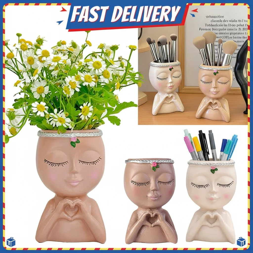 High-end Flower Pot Resin Girl Face Planter With Drainage Hole Cute Unique Desktop Succulent Planter For Indoor Outdoor Decor