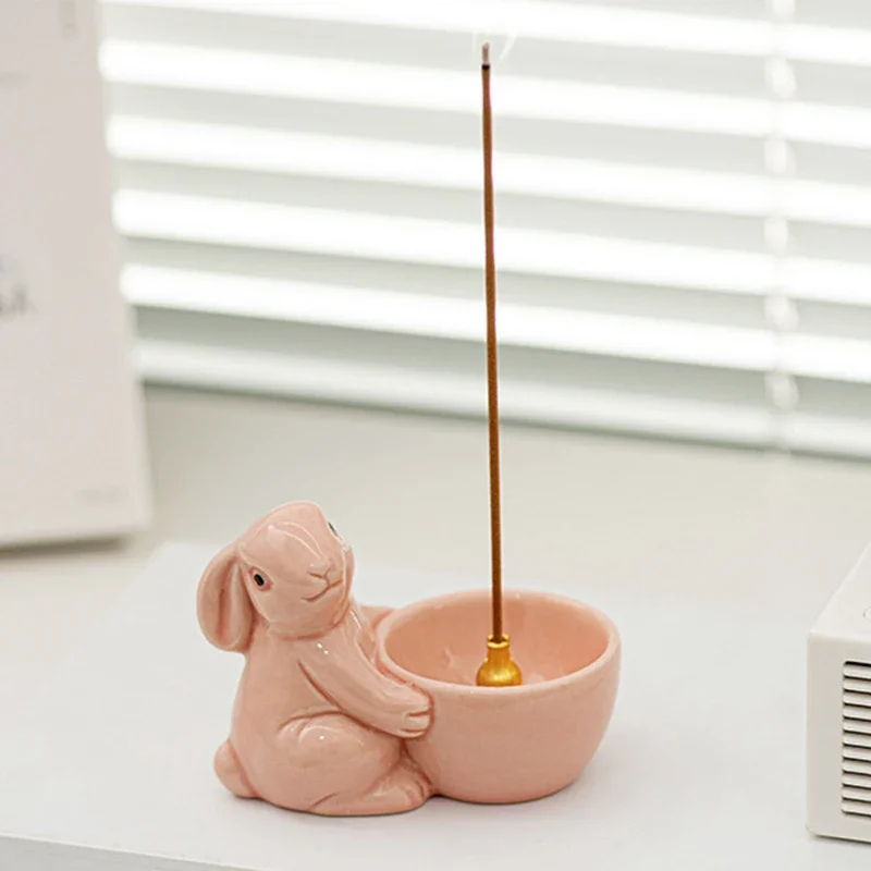 Cute Ceramic Rabbit Incense Burner Holder, Iron Incense Stick Bunny Ornament, Porcelain Ash Catcher Aromatherapy Plate