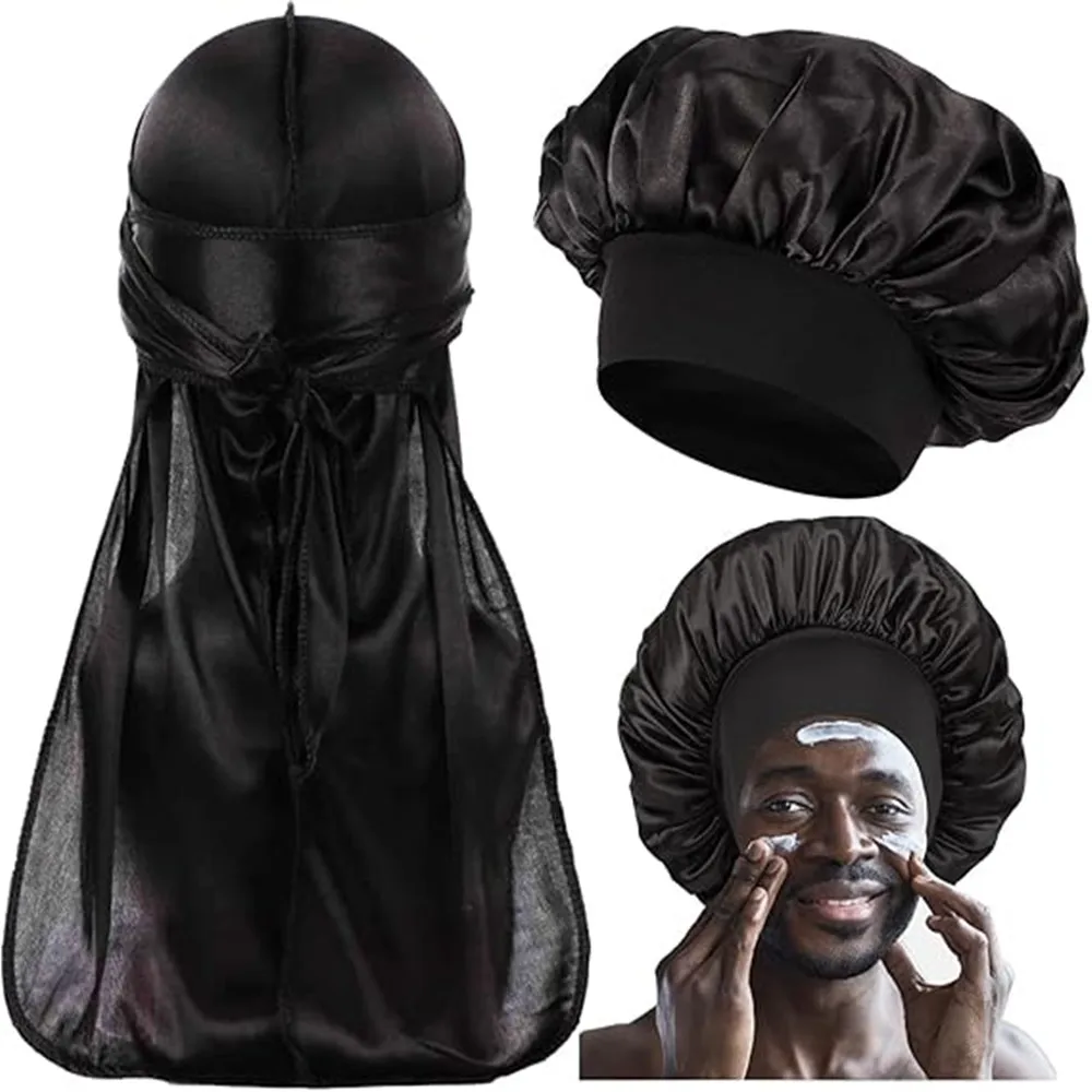 2 In 1 Satin Bonnet & Long Tail Durag Set Soft Silk Hair Wrap For Men Braids Dreadlocks Night Hair Protection Hat