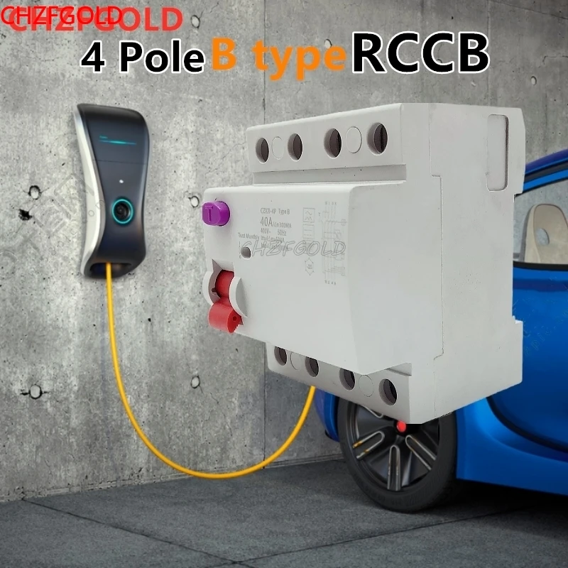 Electric Vehicle EV Charging Pile Residual Current breaker DC RCCB RCD 2P/4P 63A 30mA Type B 6KA CHZFGOLD Din Rail Earth Leakage