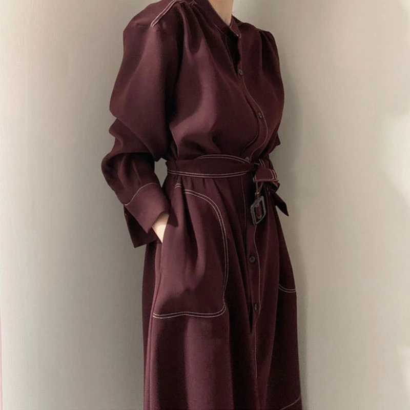 Women French Mid Length Temperament Dress With Belt Waist Cinching Slimming Shirt Design Feeling Long Vestidos Spring Autumn New