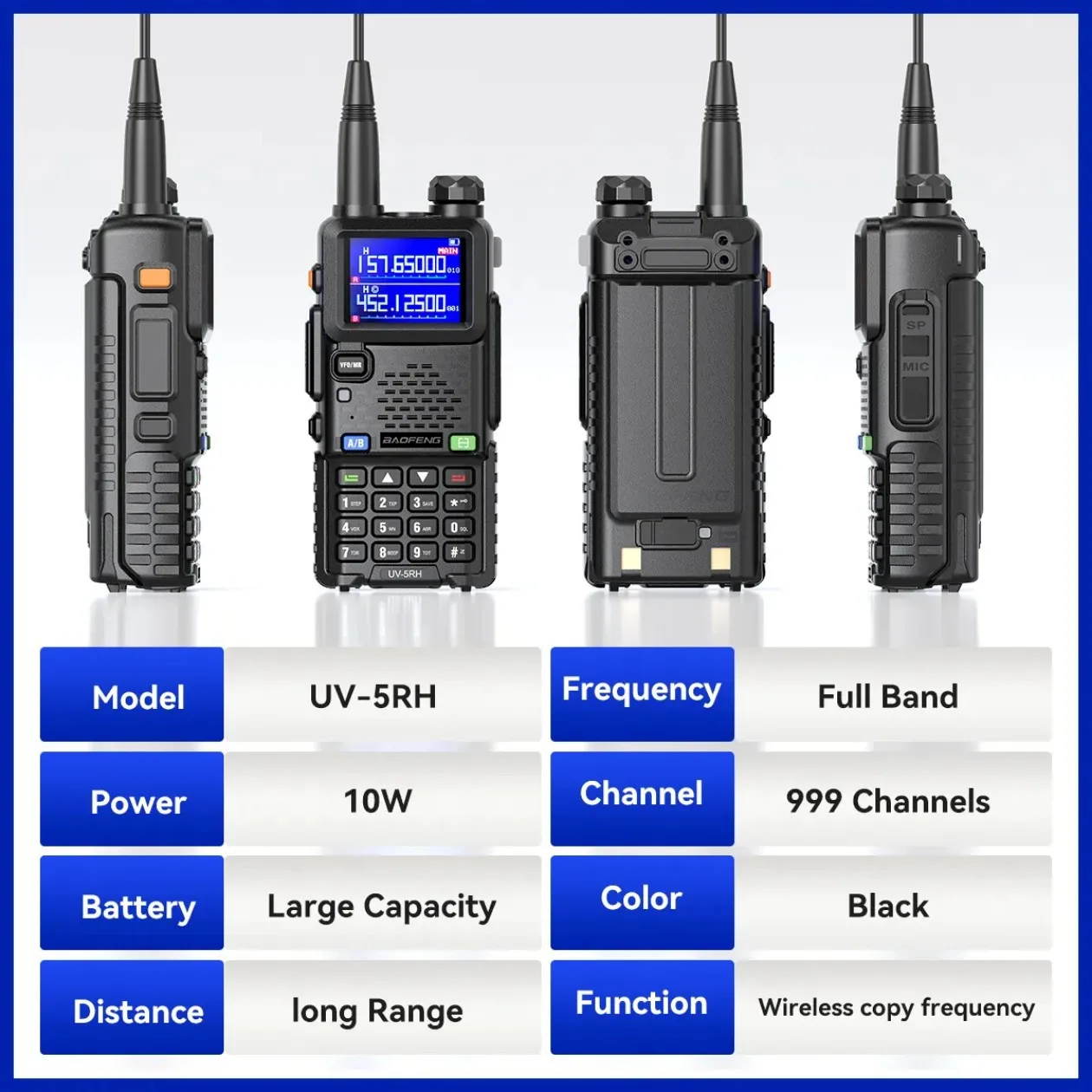 Baofeng BF-UV5RH Walkie Talkie One Key Frequency Copy Type-C Charging Dual Band Dual Display Anti-Interference High Power Radio