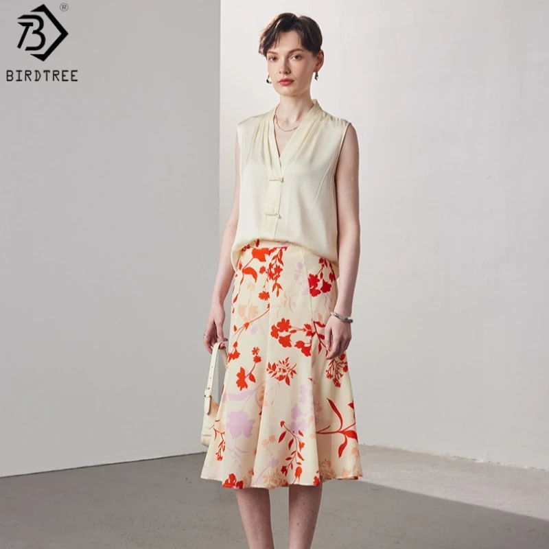 Birdtree,14MM 100% Real Silk Print Skirt,Double-layer,Women Double Crepe Elegant Casual Fishtail Skirts,2026 Spring New D61732JF