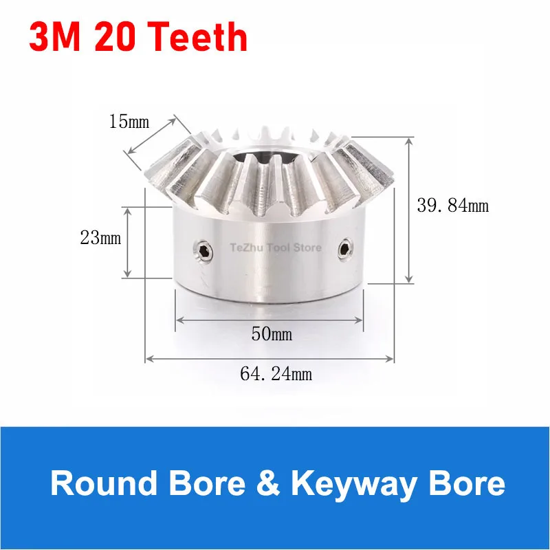 1PCS 90 Degree 3 Mod 20 Teeth Bevel Gear Speed Ratio 1:1 Meshing Angle Gear 304 Stainless Steel Round Bore & Keyway Bore