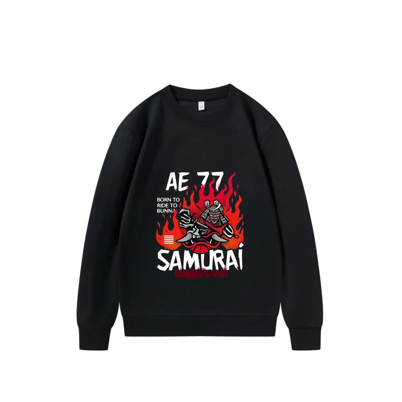 سويت شيرت رجالي Ae 77 Samurai مع لهب ودراجة نارية طباعة ممتعة قماش قابل للتنفس