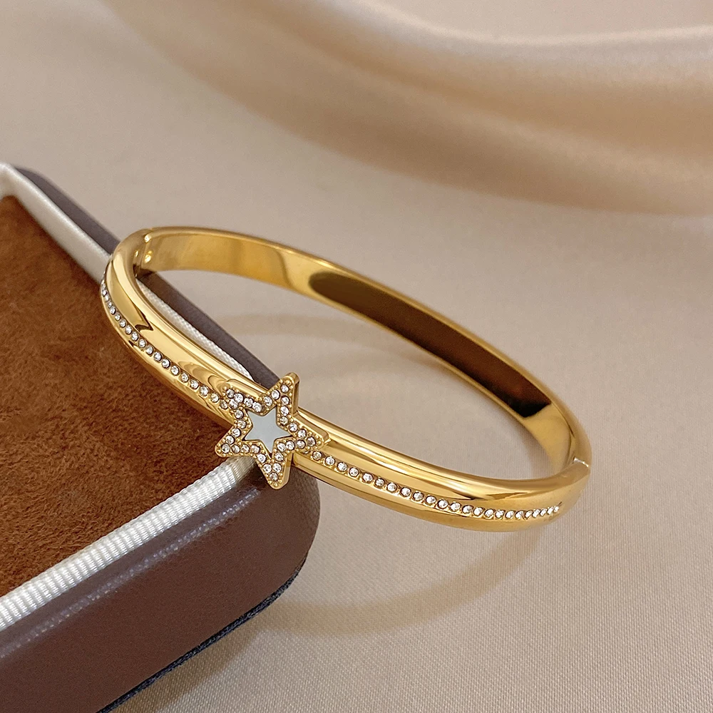 

Freetry Elegant Pentagram Rhinestone Stainless Steel Bangle for Women Glossy Gold Color Waterproof Spring Bracelet Daily Jewelry
