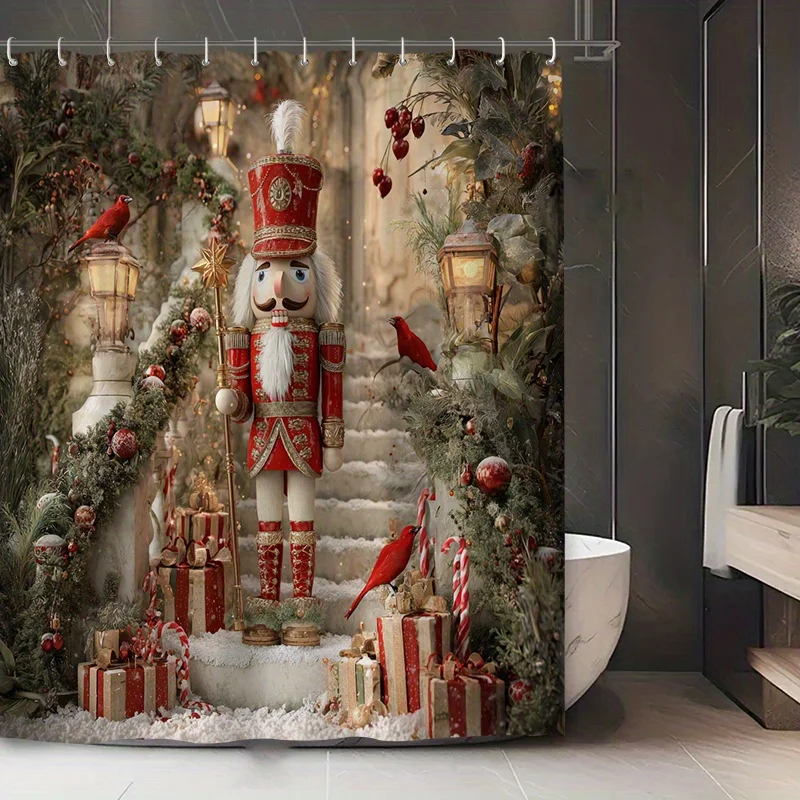 1pc Christmas Nutcracker Shower Curtain, Red Gold Nutcracker Soldier Cardinal Gift Print, Festive Home Bathroom Decor
