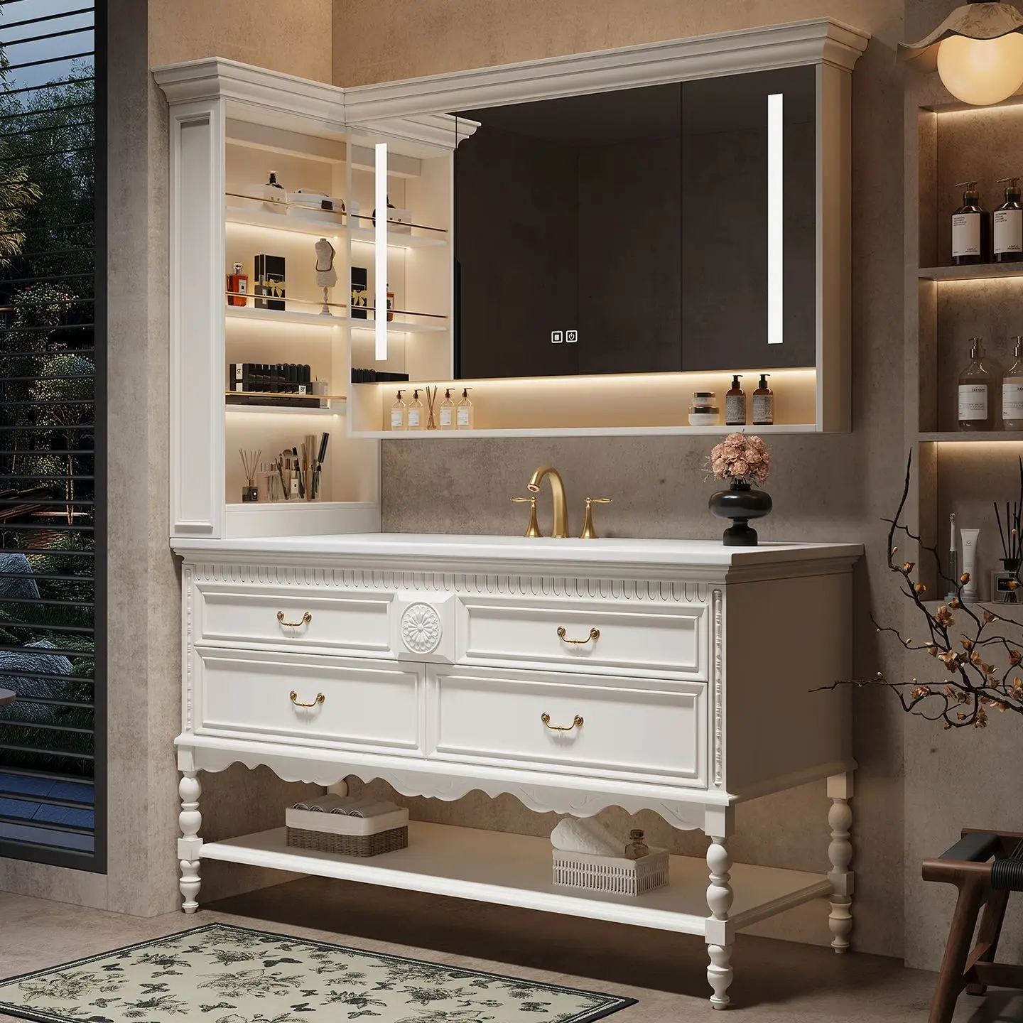 

French retro bathroom cabinet combination bathroom rock slab seamless integrated basin washstand oak washbasin bathroom cabinet