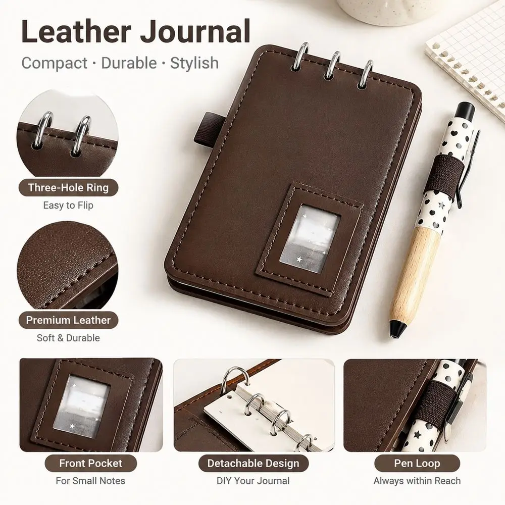 Durable Leather Leather Notebook Cover Detachable 3 Hole 3 Hole Binder Cover Flip Photo Slot Flip Binder Cover Planner Album