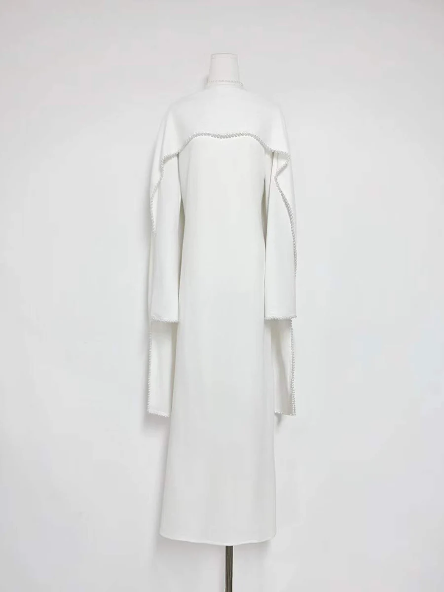 TWOTWINSTYLE Solid Slimming Soliced Bead Temperament Dresses for Women Round Neck Long Sleeves Patchwork Ribbon Dress Female New image 3