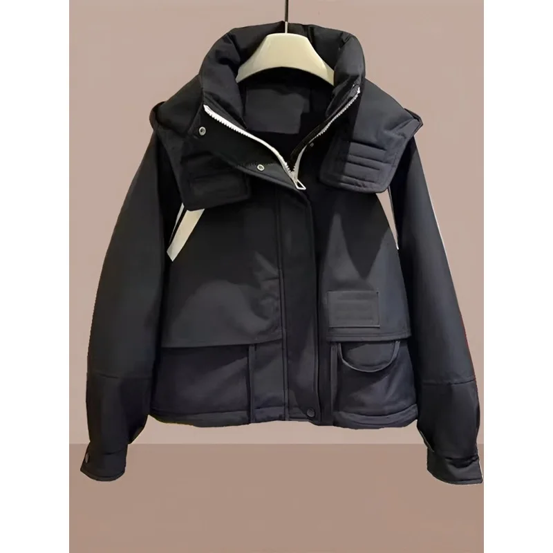 Women Winter New Loose Oceans Colorful Trendy Sweet Zipper Pocket Hooded Casual Warm Cotton Clothes Loose Simple Short Oceans